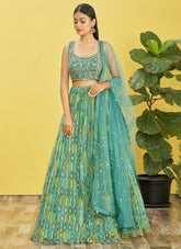 Embroidered Art Organza Lehenga in Green